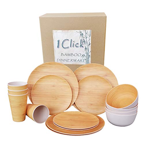 1 Click Bamboo Fiber Dinnerware Set,16 Pieces for 4 guests, Reusable, Tableware Set for Kitchen, Bamboo Dinner and Salad Plates Bowls and Cups Set (Wood Grain), Dishwasher Safe, Events and Home Use