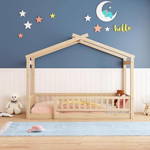 Bellemave Twin Size Montessori Floor Bed, Wood House Bed Frame, House Floor Bed for Kids, Montessori Floor Bed with Fence, Playhouse for Kids, Natural Cover