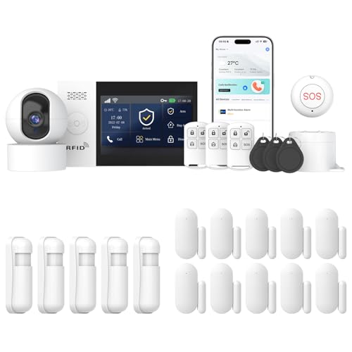 PGST GSM+WiFi Alarmanlage Haus mit 4.3' Touch Screen, Kein Vertrag Smart Komplettsysteme mit APP/SMS/Telefonanruf Alarm 25 Stück,110dB Host,Bewegungsmelder,Kamera,Tür/Fenster Sensoren,Fernbedienungen