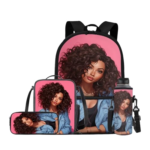 TSOVTHRID Mochila de viaje para niñas africanas, bolsa de almuerzo, estuche para lápices, funda para taza de agua para el regreso a clases, African Black Woman-8