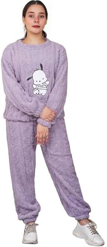 Image of Women's Fur Long Sleeve Nightsuit | Regular Fit Warm Top and Pyjama Set | Winter Wear Sweatpant Set for Women