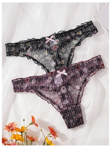 Image of SHENHE Women's 5 Packs Floral Lettuce Trim Bow Low Rise Cute Thong Panties Underwear