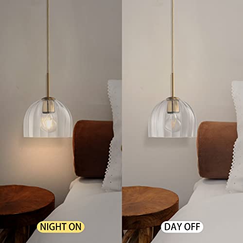 Lighten Chance Modern Pendant Light Kitchen Island, Nordic Boho Dome Chandelier, 7.86" Bell Lamp Shape Hanging Ceiling Lighting Fixture with Clear Striped Glass Lampshade Dining Room - Image 5