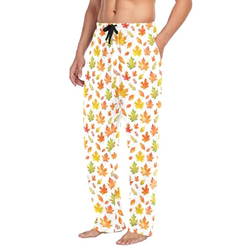 Mens Cotton Pajama Pants Sleep Lounge Pj Bottoms Sleepwear with Pockets Drawstring S Autumn Watercolor Leaf4