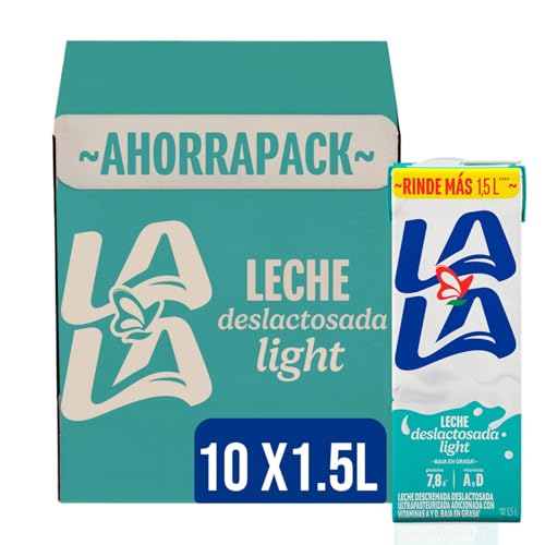 Leche Lala Deslactosada Light, Pack de 10 piezas por 1.5 L c/u. Baja en Grasa y de Fácil Digestión. Adicionada con Vitaminas A y D, sin Sellos ni...