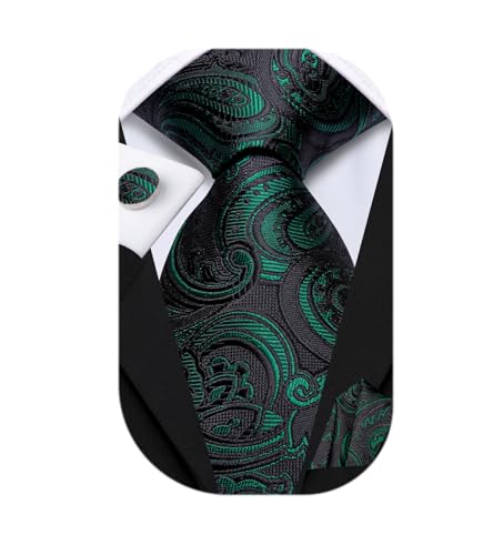 Dubulle Ties Set for Men Black Emerald Green Mens Paisley Floral Striped Necktie and Handkerchief Cufflinks Wedding