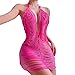 Women Sexy Halter See Through Dress Beach Swimsuit Cover Up Swimwear Sheer Tassel Dress Nightclub Bodycon Skirt Pink