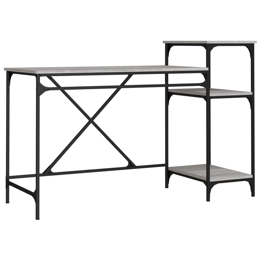 Escritorio de estilo industrial con 3 estantes, mesa de ordenador de madera y hierro, mesa de oficina gris Sonoma 135 x 50 x 90 cm, marco estable, gran superficie de trabajo