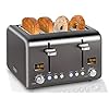SEEDEEM Toaster 4 Slice, Stainless Steel Bread Toaster with Colorful LCD Display, 7 Bread Shade Settings, 1.4'' Wide Slots Toaster with Bagel/Defrost/Reheat Functions, Removable Crumb Tray, Dark Metallic, 1800W