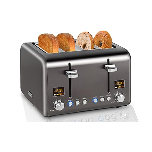 SEEDEEM Toaster 4 Slice, Stainless Steel Bread Toaster with Colorful LCD Display, 7 Bread Shade Settings, 1.4'' Wide Slots Toaster with Bagel/Defrost/Reheat Functions, Removable Crumb Tray, Dark Metallic, 1800W