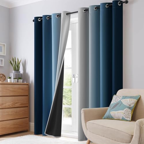 Image of SimpleHome 100% Blackout Ombre Bedroom Curtains Blue and Greyish White,84L | Room Darkening Curtains,Thermal Insulated Grommet Window Drapes and Curtains for Living Room,2 Panels, 52x84 inches Length