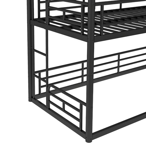 Image of Twin Over Twin Over Twin Bunk Bed with Safety Guardrails, Modern Metal Triple Bed Frame for Kids, No Box Spring Required, Black