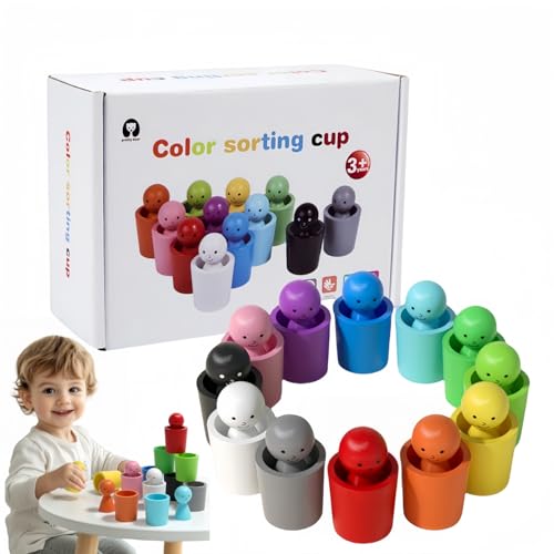 qixiang 12Pcs Colour Sorting Cups Wooden Colored Peg Dolls in Cups Brightly Colored Colour Sorting Toys for Toddlers to Cultivate Cognitive Abilities