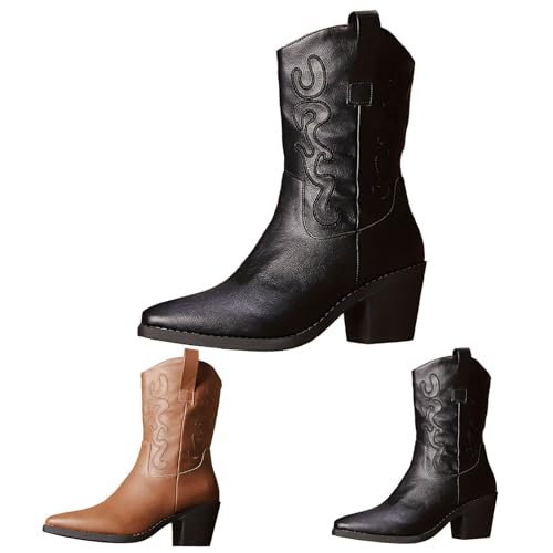 MJGkhiy Stivali Donna Texani Camoscio Boots Con Tacco a Blocco Pelle Stivaletto A Punta Invernali Western Stivaletti Comodi Camperos Stivale Cowboy Stivali Marroni