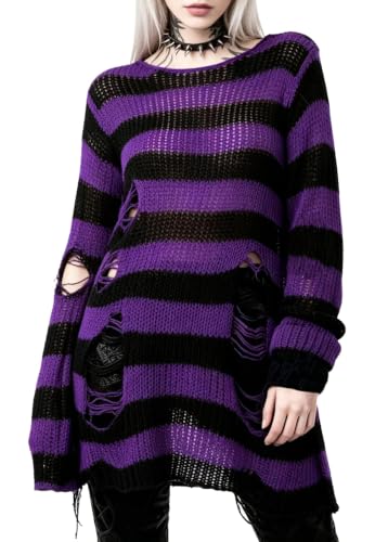 Image of Goth Y2K Striped Sweater Grunge Ripped Punk Gothic Sweaters for Women