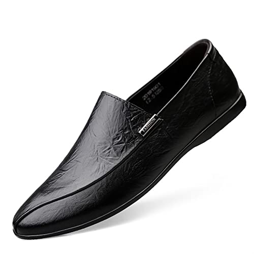 Mens Loafers Shoe Genuine Leather Stitching Details Round Toe Rubber Sole Lightweight Flat Heel Comfortable Fashion Casual Slip On