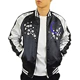 スカジャン メンズ 虎 龍 鯉 風神雷神 桜 波 月 五重塔 鷲 和柄 刺繍 JAPAN サテン 風神雷神ブラック(208) XL