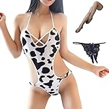 OLYOLY【3点セット】牛柄 超ハイレグレオタード 過激な妹のコスプレ下着 ブラジリアン アニコス 濡れ透け セクシー ランジェリー 水着 ニーハイ 穴あき Tバック 付き (04)