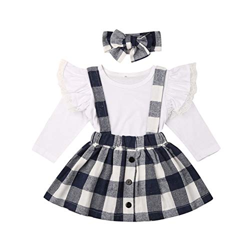 2Pcs/Set Christmas Baby Girl Long Sleeve Tops+Overalls Strap Dress Outfits Toddler Clothes (White Flutter Long Sleeve top+Black Plaid Halter Dress+Headband, 1-2 Years)