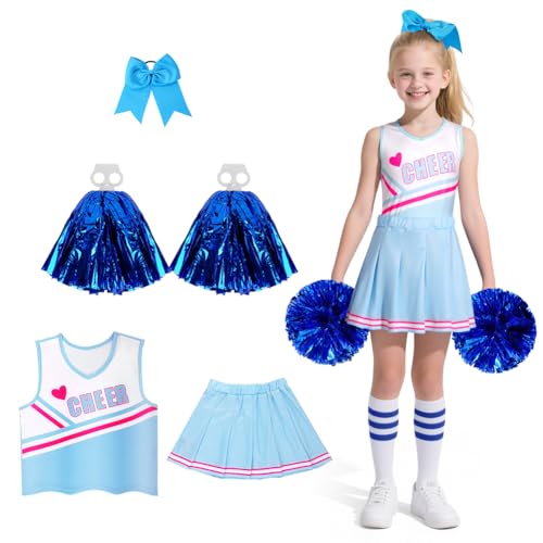 DiULi Disfraz de Animadora Niñas,Uniforme de Cheerleader Tipo Dividido,Traje Animadora con Coletero con Lazo,Pompones y Calcetines,Carnaval,Halloween,Fiestas Deportivas Celebraciones(Azul Cielo 5pcs)