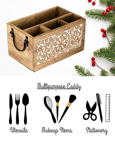 Mie Creations MCCADDY4 4 Compartment Wooden Silverware Caddy Utensil Holder, Farmhouse Cutlery Flatware Organizer thumb #3