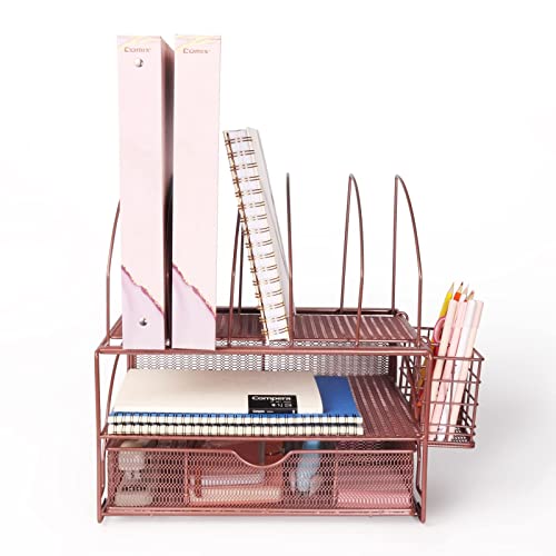 Comix Metal Desk-Organizer with Sliding Drawer, 5 Slot File-Racks 1 Hanging Pencil/Pen-Holder for Desktop Accessories Storage, Metal File Folder Racks Mail Sorter Organization for Home Office, School, Classroom, Workspace, B2082 (Rose Gold)
