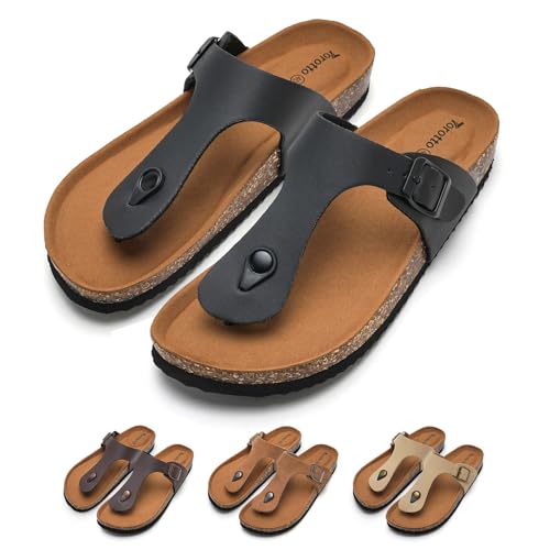 Torotto Damen Zehentrenner Flip Flops Pantoletten Hausschuhe Sportliche Kork-Fußbett Schlappen Mit Verstellbarer Rieme Sandalen(schwarz,41 EU)
