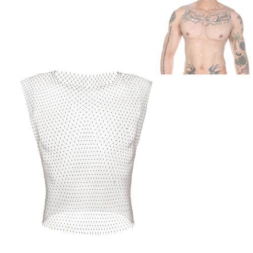 GENEMEN Rhinestone Tops de Malla para los Hombres Fishnet Sexy Cropped Camisas Rave Sheer Chaleco (Plateado, L)