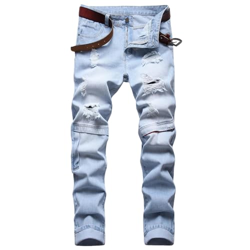 Men's Slim Fit Jeans with Rips Patches Stretch Denim Pants Distressed Retro Zipper Detail Casual Trousers