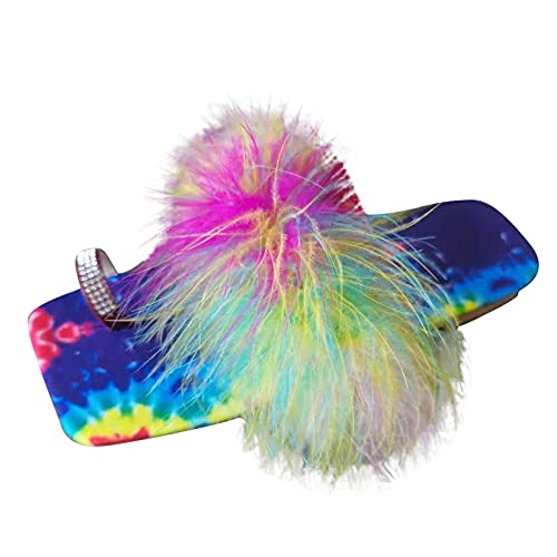 TEEL ONG - Sandalias planas para mujer con diamantes de imitación, con punta cuadrada, decoración de plumas sintéticas, sencillas, diarias, bonitas, para bodas, fiestas, playa, etc, color, talla 40 EU