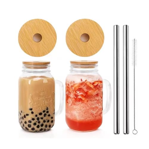 Mason Jar Drinking Glasses with Bamboo Lids, 24 oz Coffee mug with Lid and Straw, Reusable Metal Straw and Cleaning Brush