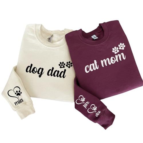 Custom Cat Mom & Dog Dad Christmas Sweatshirts with Pet Names, Christmas Mom Gifts for Pet...