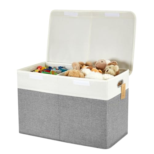 Image of Large Toy Storage Box with Lid, Collapsible Toys Storage Organizer Bins with Dividers and Handles, Storage Chest Bin for Kids, Boys, Girls, Nursery 25 inchx13 inch x16 inch (Gray & White)