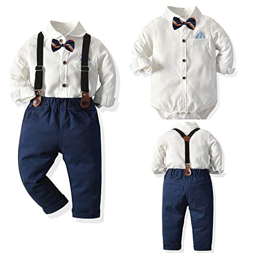 Baby Boys Dinosaur Long Sleeve Shirt Gentleman Suspender Pants Clothing Set Overalls Romper Jumpsuit Clothes Toddler Outfit (White, 18-24M)