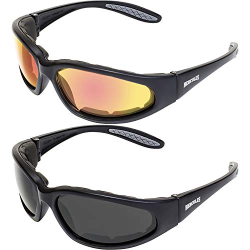 Global Vision Hercules Plus Safety Sunglasses 2 Pair Black Frames G Tech Red Mirror Lens + Smoke Lens