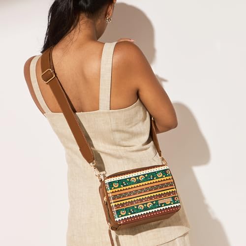 Image of Chumbak Jaipur Sling Bag for Women, Tan Floral PU Leather, Digital Nomad Collection, Stylish Zipper Sling, Lightweight Crossbody Bag for Everyday Travel and Casual Outings