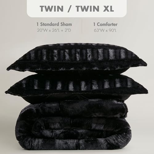Image of Madison Park Twin Comforter Set Reversible Faux Fur Elegance with Soft & Plush Mink-Like Reverse, Heavyweight 6D Overfilled Warm & Fluffy Comforter for Twin Size Bed, Gia, Twin /Twin XL Black 2 Piece