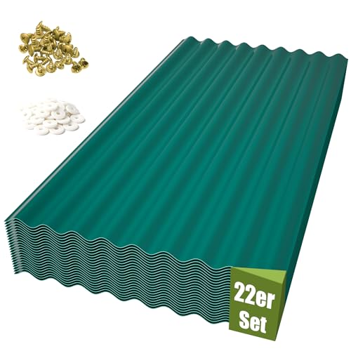 Thanaddo Wellplatten grün, 22er Set Wellplatte Dach Kunststoff Welldach mit Schrauben, wetterfest Dachplatten UV beständig, 1mm Stärke - 56 x 108 cm - 22 Stück