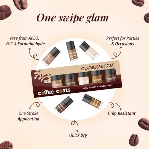 Image of Coloressence Coffee Coats Nude Nail Paint Kit, Set of 5 with FREE Nail Polish Remover | Glossy Finish | Quick Dry | Chip Resistant