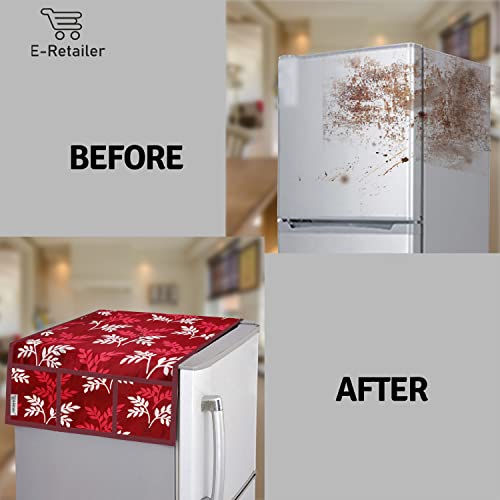 Image of Polyester 3-Layered Fridge Top Cover /Refrigerator Cover with Utility Pockets and Set of 3 Pc Fridge Mats (Color-Leaf Maroon, Size-39x21 Inch)