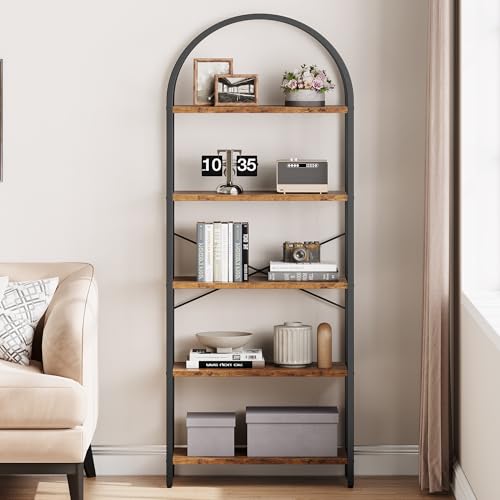 IDEALHOUSE Bookshelf 5 Tier Bookcase Arched Display Racks Tall Standing Bookshelves Metal Frame Modern Storage Rack Shelf Large Wood Book Shelf for Bedroom, Living Room, Home Office