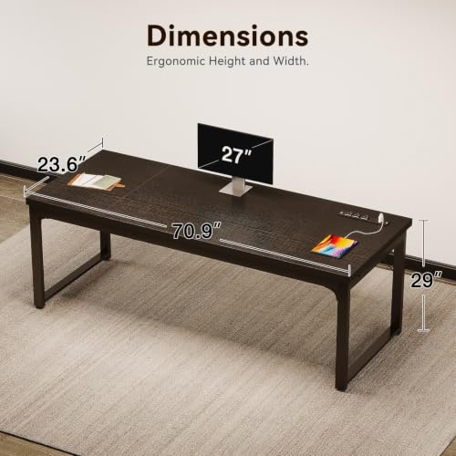 Image of Coleshome 71 Inch Long Computer Desk with Power Outlet, Thicker Desktop & Legs, Large Heavy Duty Office Desk for Home Office & Gaming, Black