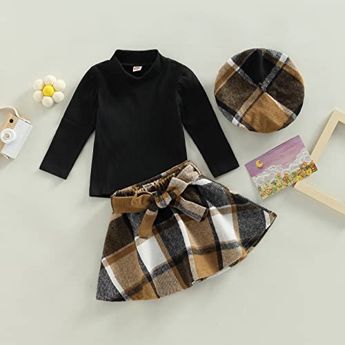 Mubineo Toddler Baby Girl 3PCS Fall Winter Skirt Outfits Long Sleeve Shirt Tops Plaid Skirts Hat Set2