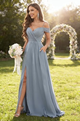 Image of Sukleet Women's Off Shoulder Bridesmaid Dresses Long Slit Chiffon Pleated Evening Formal Dress with Pockets