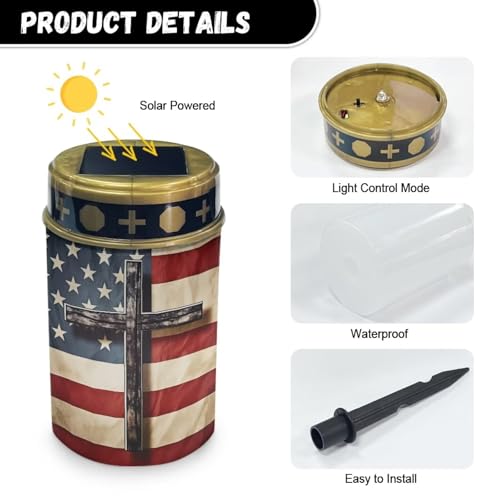 Image of Poceacles Cross Solar Pathway Lights Outdoor Grave Solar Lights Outside Waterproof Cemetery Flameless Candles Outdoor Solar Candle Grave Markers Eternal Decor, American Flag Cross, Pack of 4