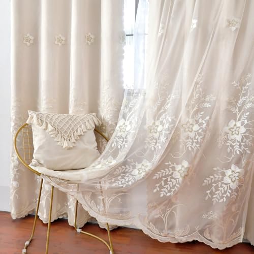 Amidoudou 1 Pair European Double Layer Curtains for Living Room Bedroom Luxury Flower Embroidered Curtains with Valance (Beige,52x90 Inch)
