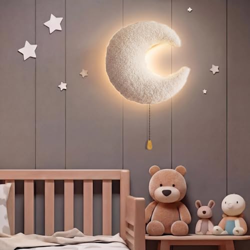 Image of Aurelema Fluffy Moon Night Light Wall Lamp Sleeping Nursery Lighting Cute Floating Battery Operated Hanging Lamp for Baby Boys Girls Bedroom Room Nursery Wall Decorations