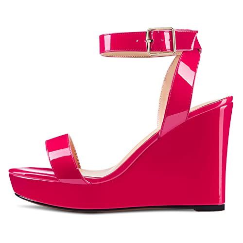 Image of Aachcol Women Platform Wedge Sandals Round Peep Open Toe Ankle Strap Slingback Two-Piece Chunky Block High Heel Dress Shoes Pumps Party Patent 4 Inch