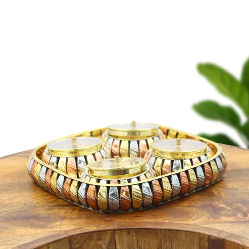 Image of INTERNATIONAL GIFT Aluminium 4-Jar Dry Fruit Set with Acrylic Lids & Tray - Tri-Tone Mukhwas & Candy Server in Velvet Gift Box for Premium Gifting