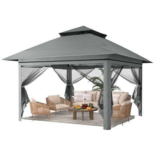 Driftalia 13x13 Pop Up Gazebo Instant Outdoor Gazebo with Mosquito Netting Vented Roof and Carry Bag for Patio Garden & Backyard - Dark Gray